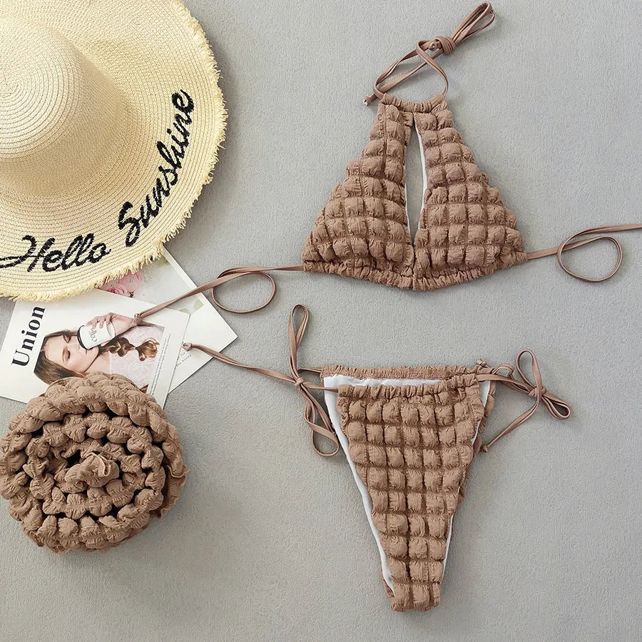 Brown seersucker women's lace-up three-piece bikini swimsuit set on a white background.