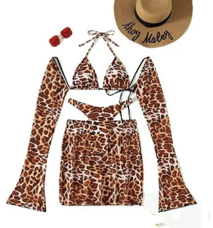 Women's leopard print bikini swimsuit set with separate skirt and panties