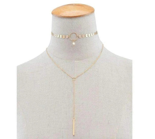 Star Goddess Duo Layering Choker Necklace in gold and silver