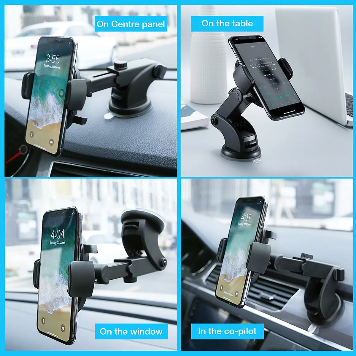 Black telescopic car dashboard phone holder with suction cup extended, showing 360-degree rotation.