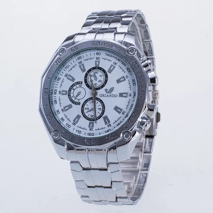 Men's stainless steel sport watch with 4cm dial and pointer display on a casual background