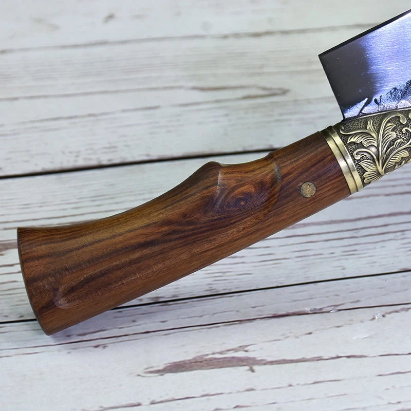 Hand-forged slicing knife with rosewood handle and leather case