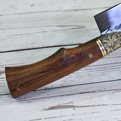 Hand-forged slicing knife with rosewood handle and leather case