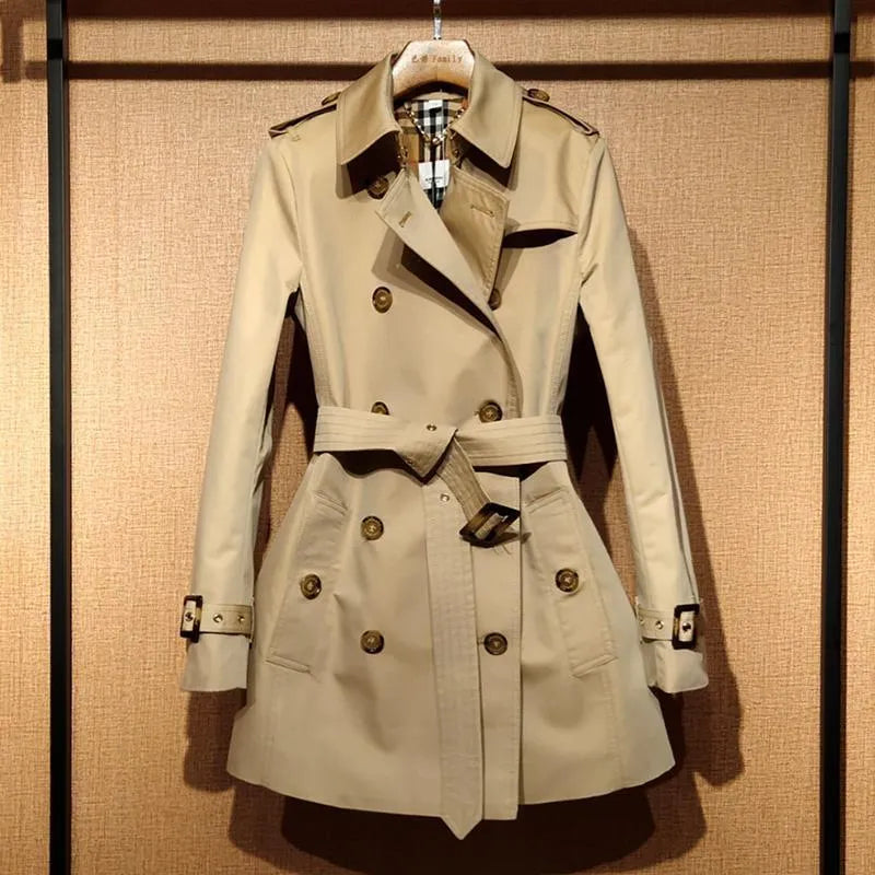 Khaki women's double breasted trench coat with long flight sleeves and button details