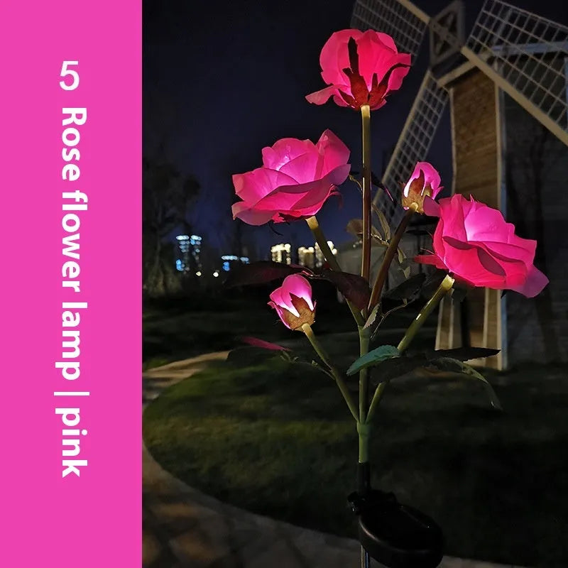 Solar powered LED garden ground lamp with flower shape design in multiple colours