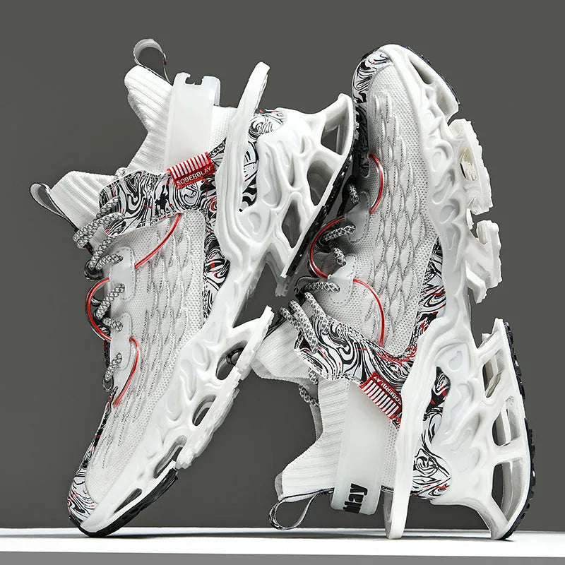 Men's soft bottom blade running sneaker with breathable mesh upper in white, apricot, and black