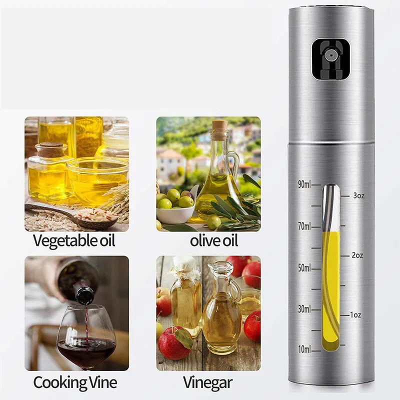 Stainless steel press-type oil injection bottle with 100ml capacity and glass body on kitchen counter