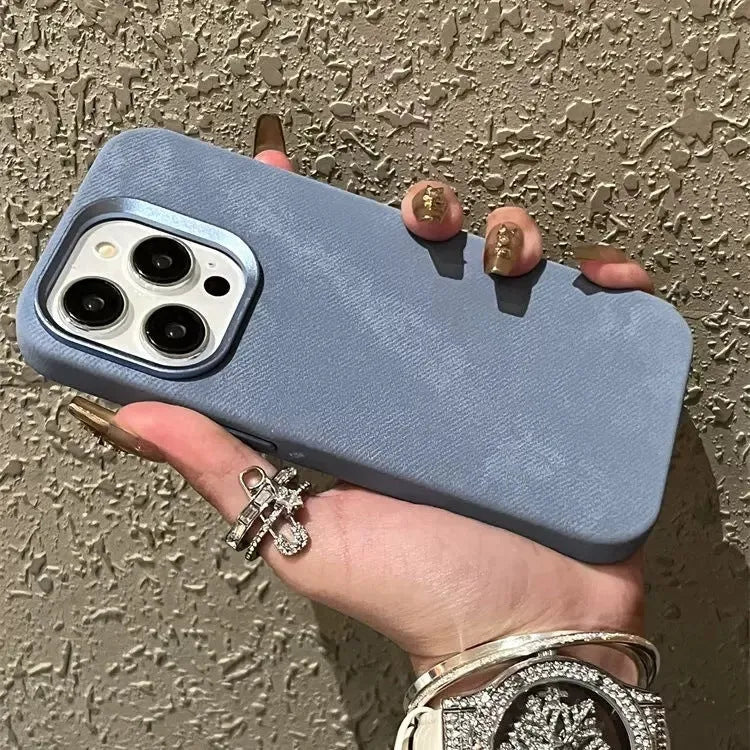Silver grey magnetic velvet hard case for Apple iPhone, showing front view and magnetic ring detail.