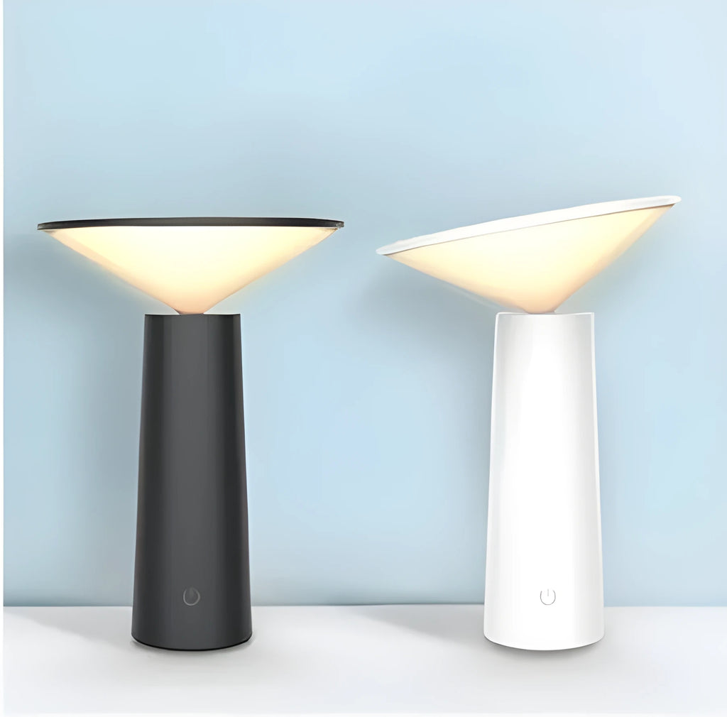 Black USB LED table lamp with touch controls and adjustable lamp head on wooden desk