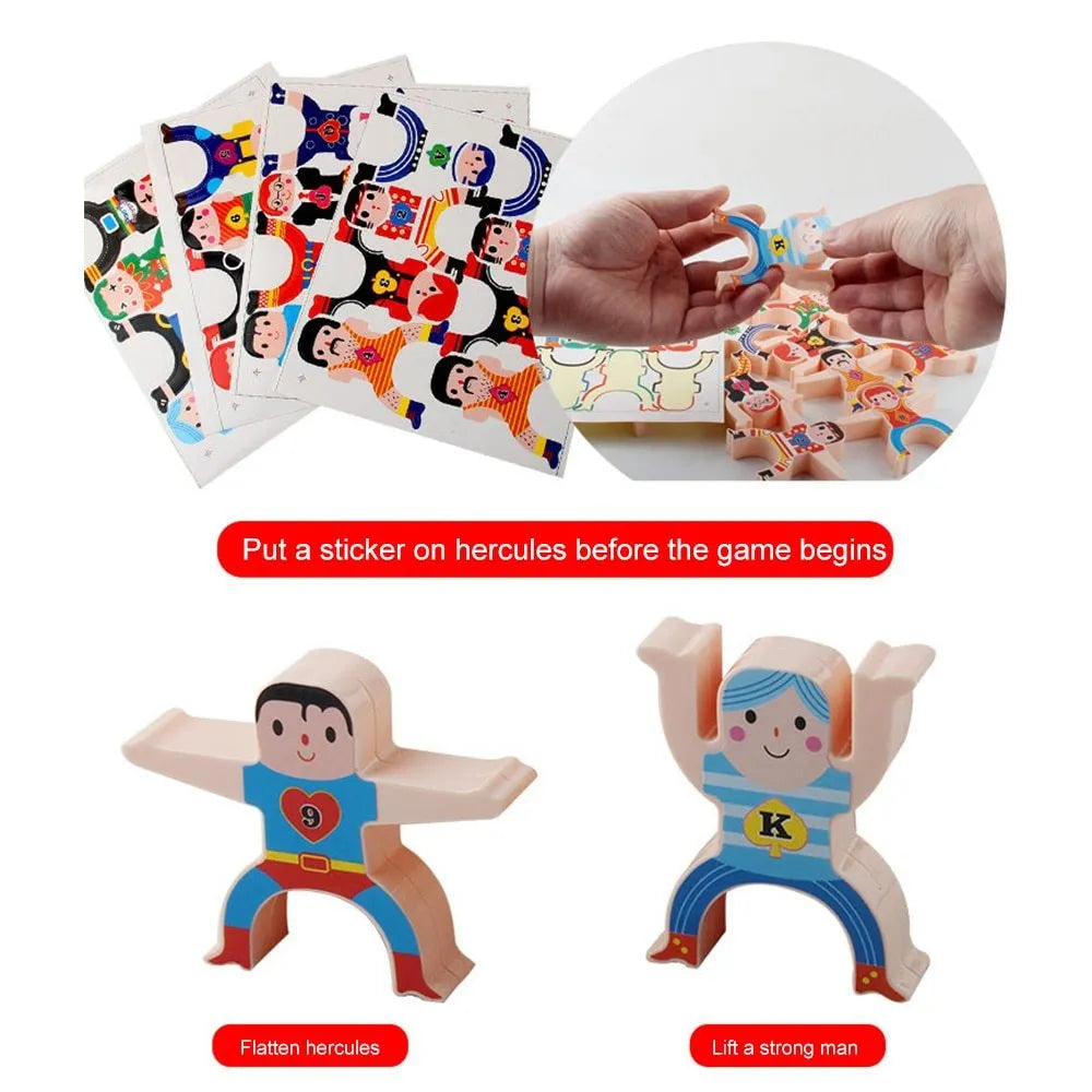 16 colourful Hercules plastic building blocks stacked in a balance tower with interlocking hands