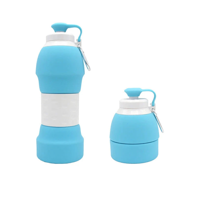 Collapsible silicone water bottle in various colours, showing folded and unfolded states