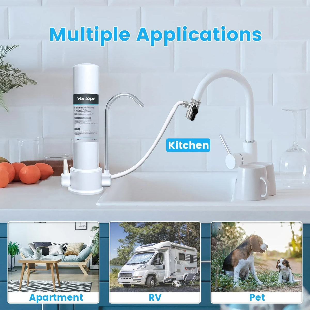 White F8 countertop carbon rod water filter purifier on a kitchen worktop