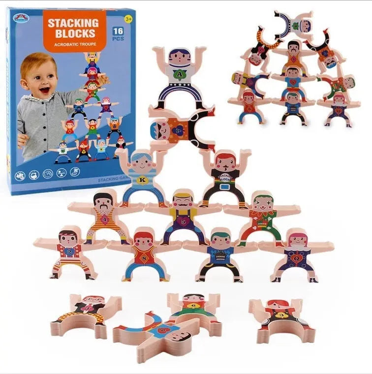 16 colourful Hercules plastic building blocks stacked in a balance tower with interlocking hands