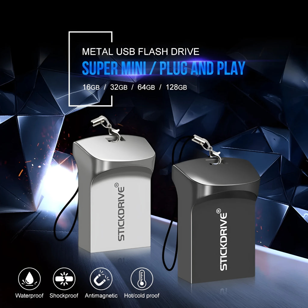 Metal high-speed car design USB flash drive with chain on a black background.
