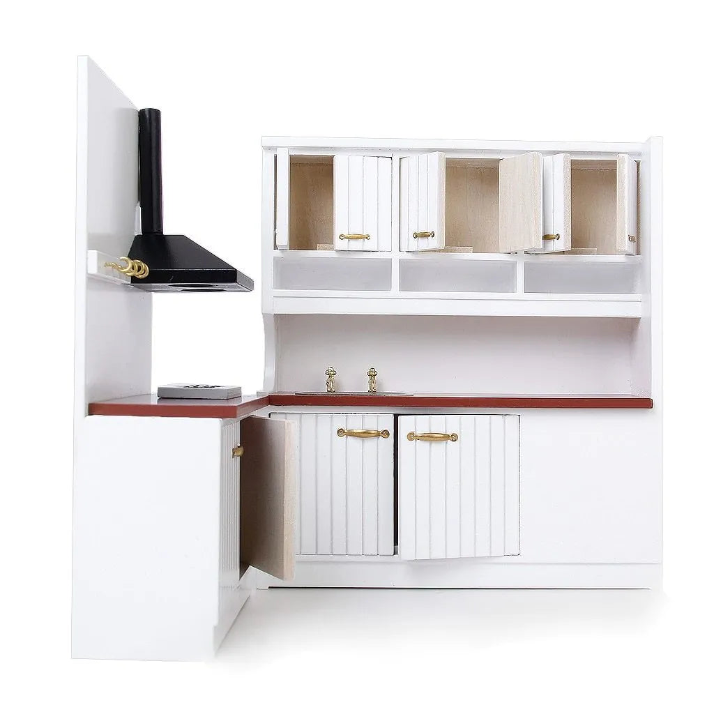 White European-style dollhouse kitchen cabinets with working doors and round metal handles