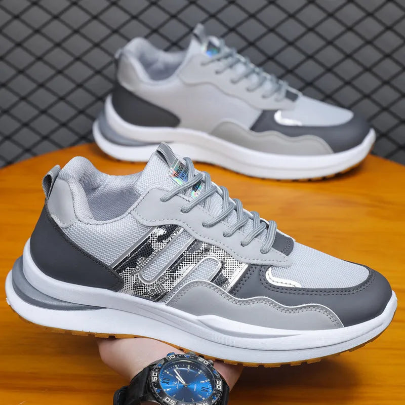 Men's mesh and leather sports casual shoes in white green, available in plus sizes up to 45.