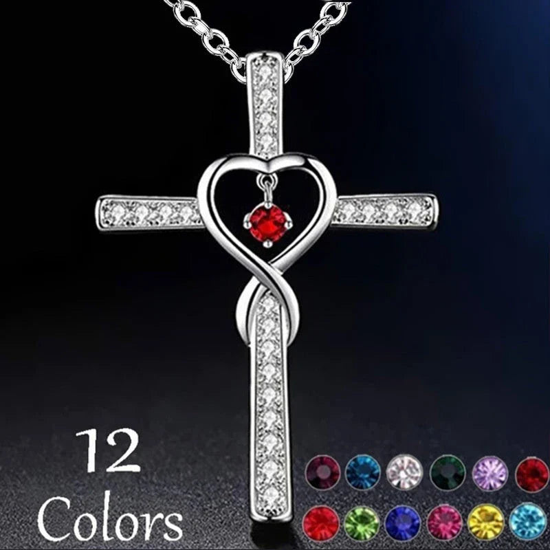 Christian Cross Birthstone Pendant Necklace with Zircon Heart in gold-plated finish