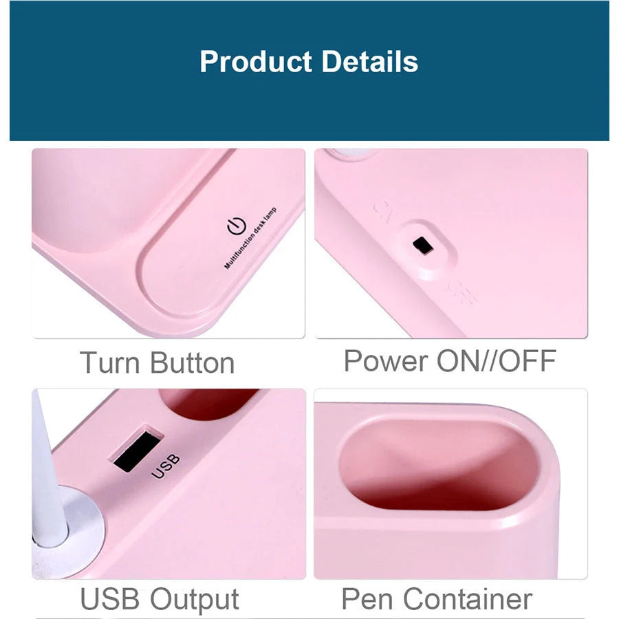 LED Rechargeable USB Desk Lamp with Phone Stand in white and pink options
