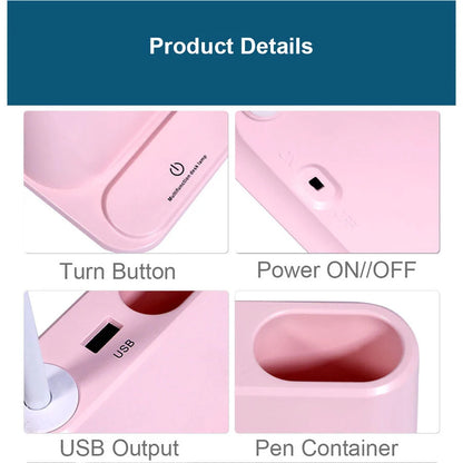 LED Rechargeable USB Desk Lamp with Phone Stand in white and pink options