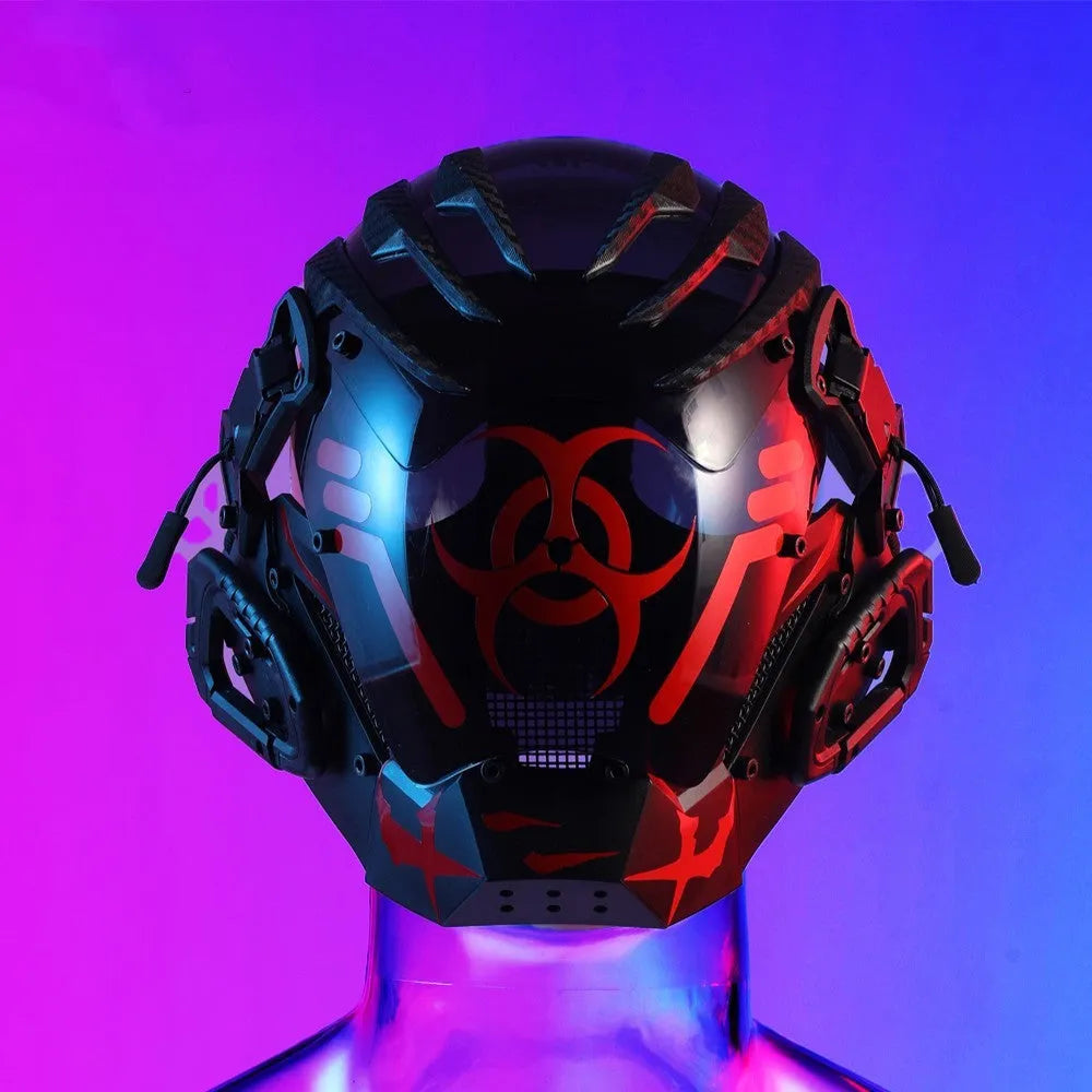 Black full-face cyberpunk prop mask helmet for cosplay and parties.