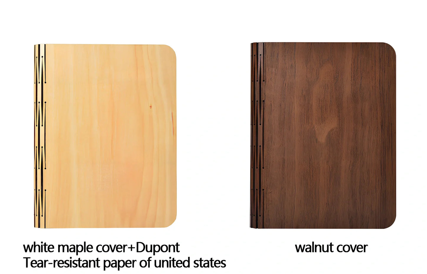 Wooden folding LED book light in walnut finish, open to 360 degrees showing warm white illumination on Tyvek pages, 21.5cm size