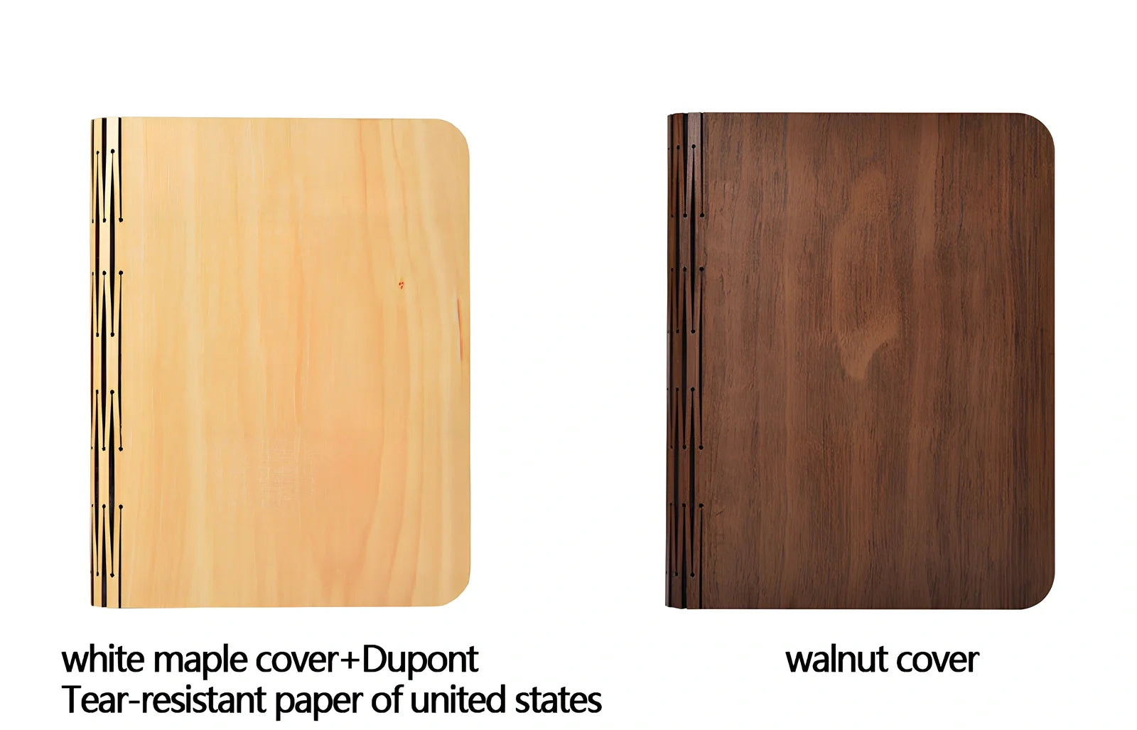 Wooden folding LED book light in walnut finish, open to 360 degrees showing warm white illumination on Tyvek pages, 21.5cm size