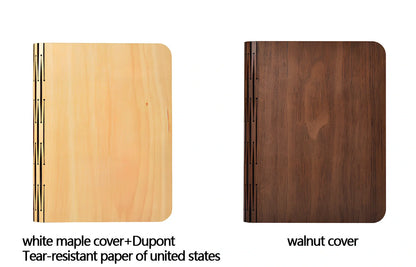 Wooden folding LED book light in walnut finish, open to 360 degrees showing warm white illumination on Tyvek pages, 21.5cm size