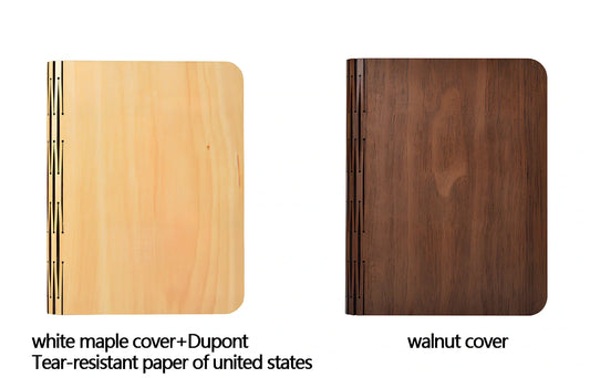 Wooden folding LED book light in walnut finish, open to 360 degrees showing warm white illumination on Tyvek pages, 21.5cm size