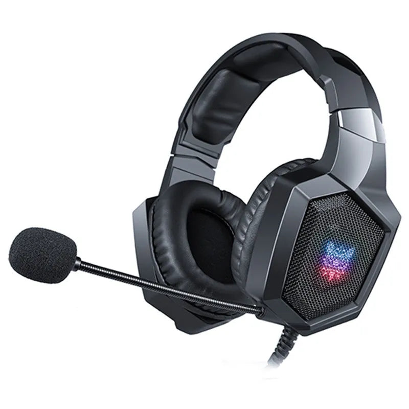 Black wired gaming headset with luminous LED lights and 3.5mm plug for PC computers