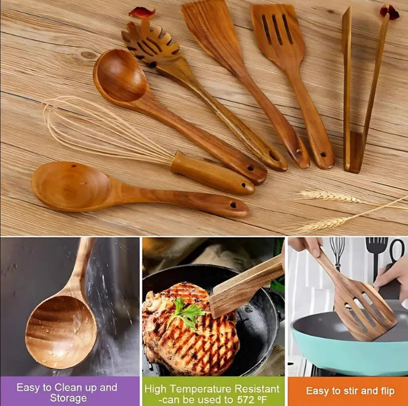 7-piece wooden cooking utensil set with spoon shovels for non-stick pans