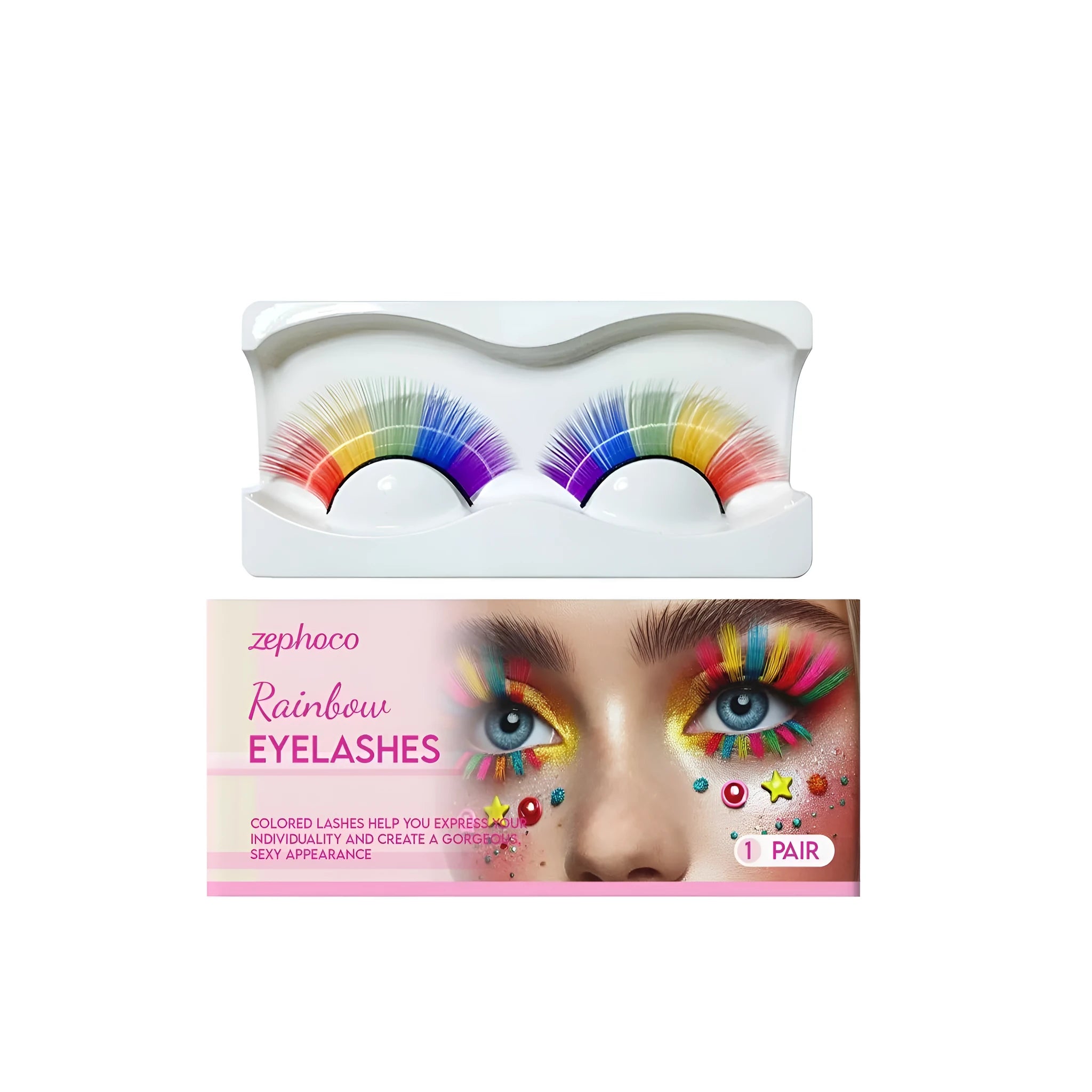 Rainbow coloured false eyelashes pair on white background showing multicolour chemical fibre construction