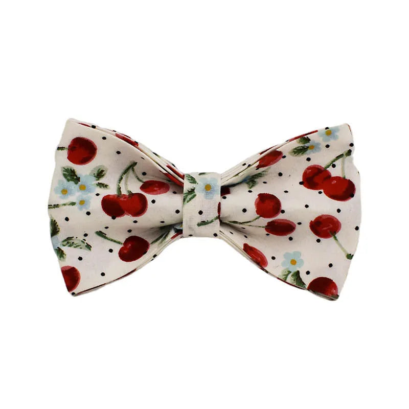 Red cherry printed dog collar and leash set with bow accessory and light gold release buckle