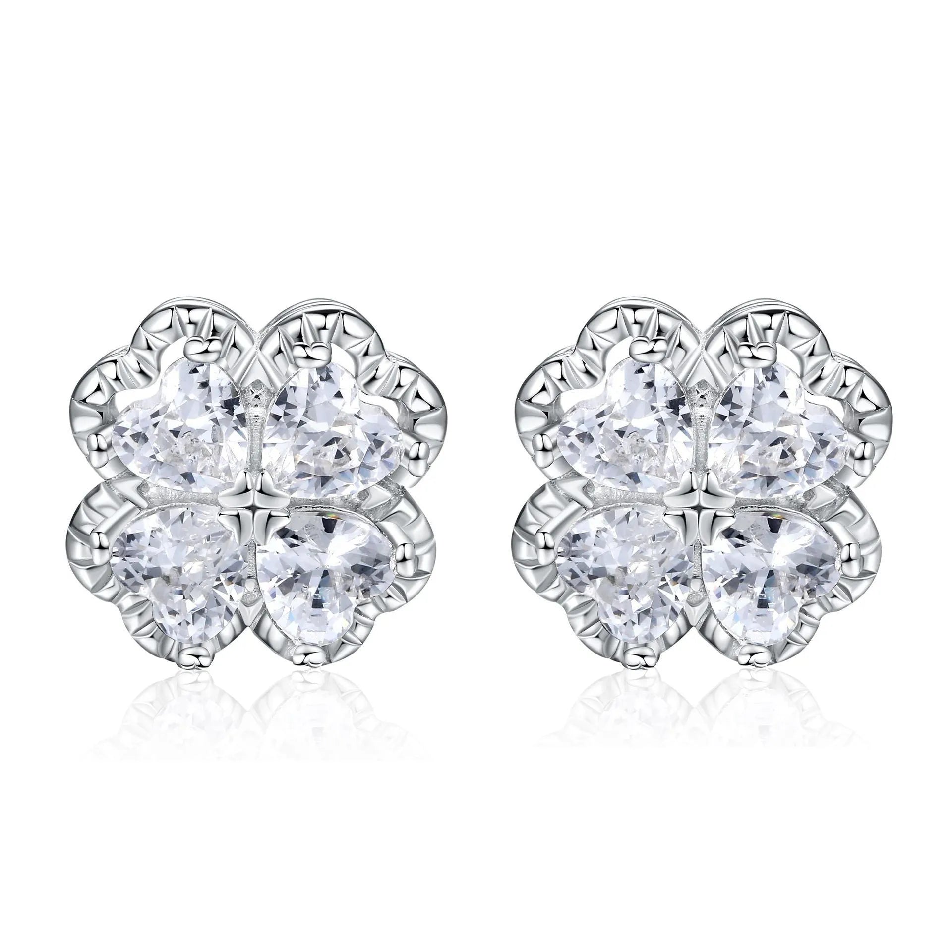 Women's sterling silver heart-shaped earrings with a four-leaf clover design and zircon stones.
