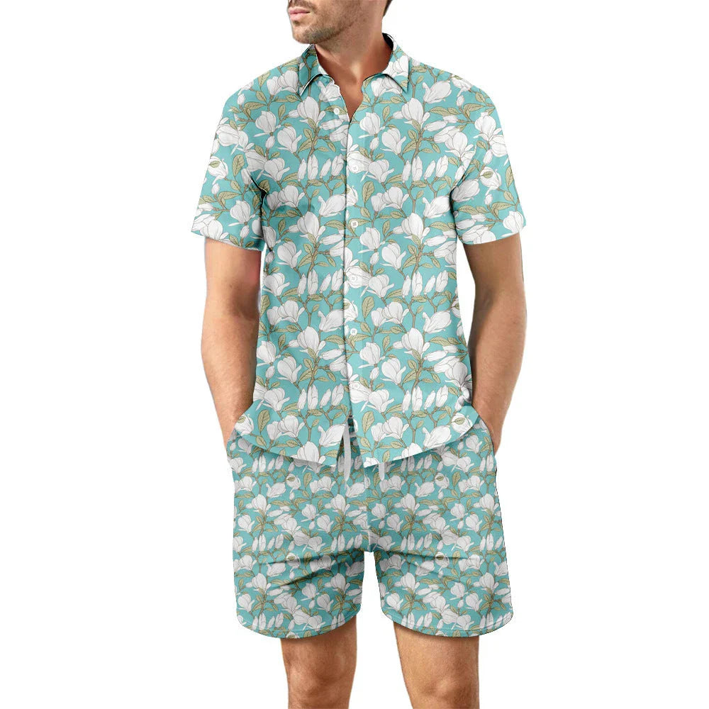 Stylish printed shirt and drawstring shorts set for men's casual beach vacation outfit