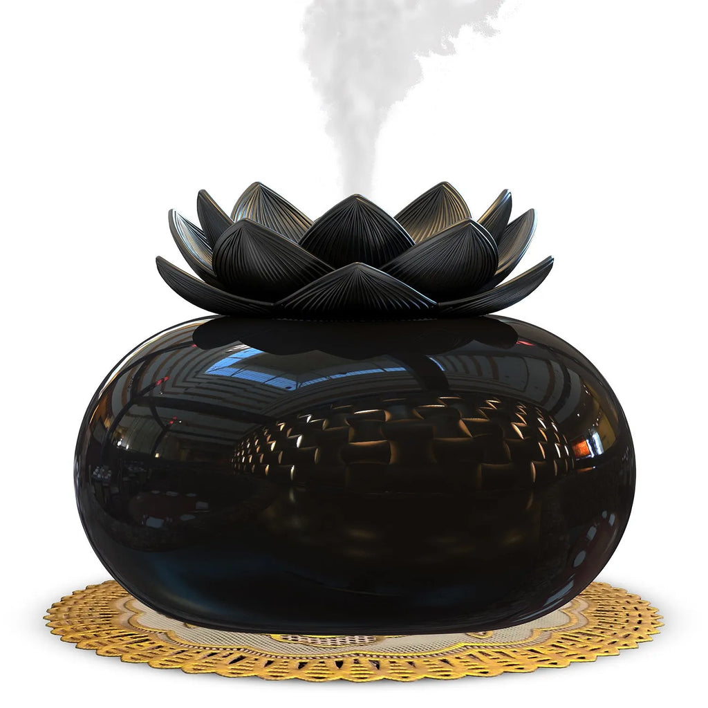 Pure black Lotus aromatherapy humidifier with ceramic diffuser bowl and USB power connection