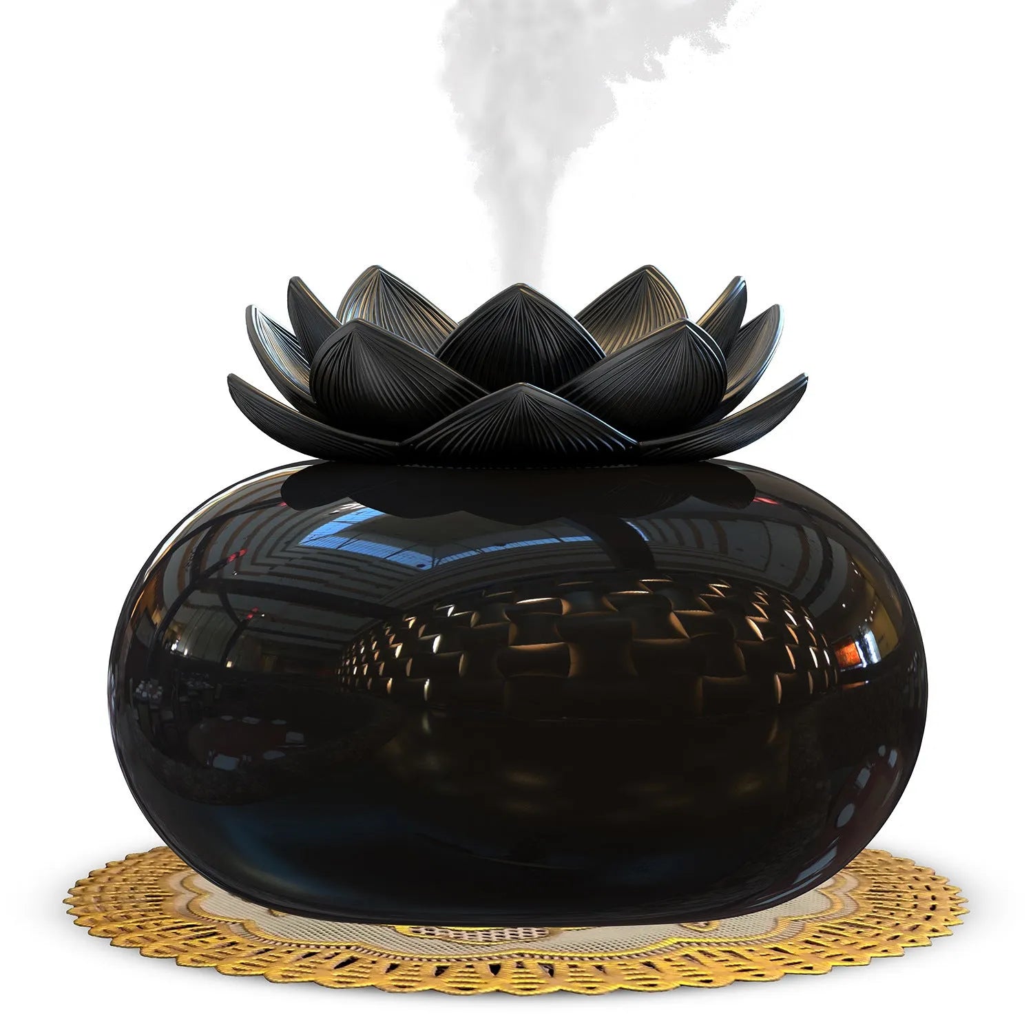Pure black Lotus aromatherapy humidifier with ceramic diffuser bowl and USB power connection