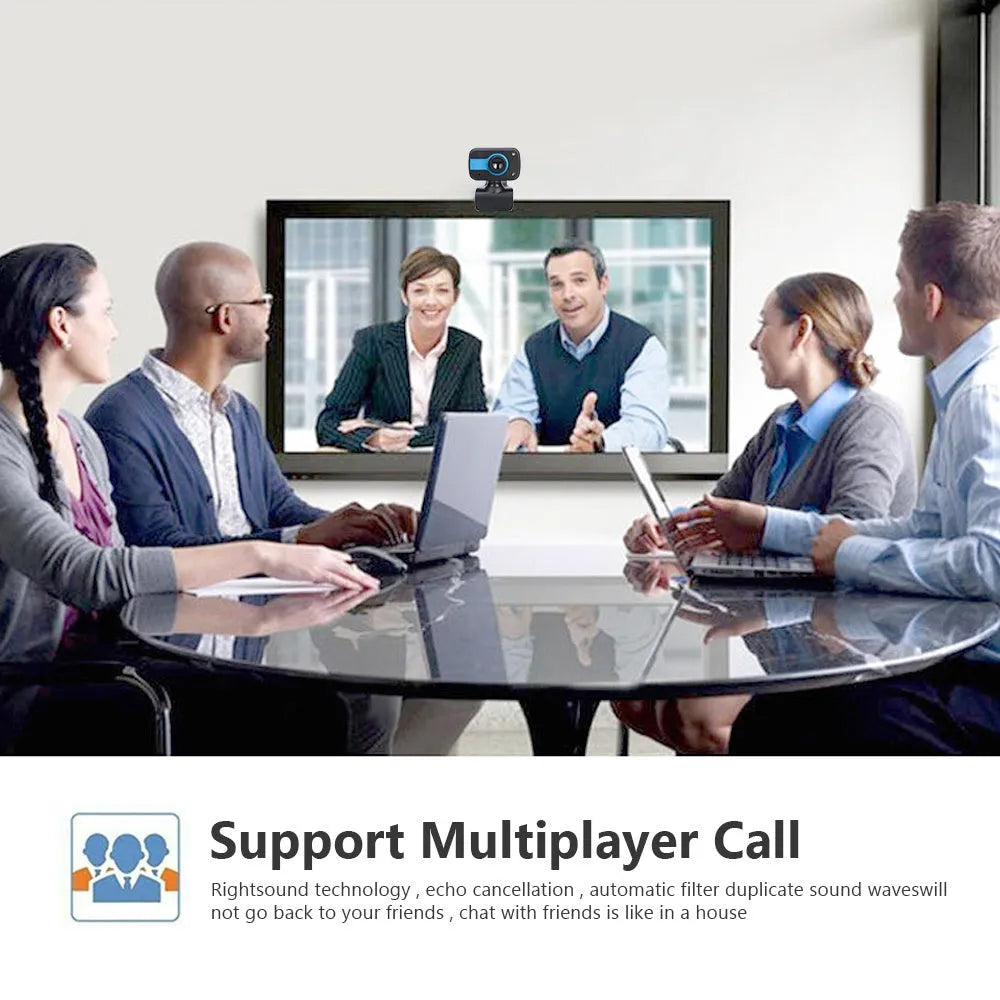 Mini USB webcam with rotating base in blue, red or white colours for PC video calling.