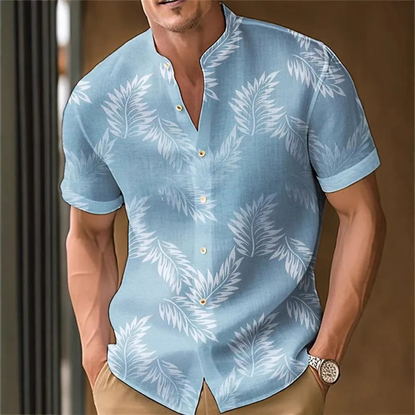 Men's printed casual shirt on a hanger, showing one of eight available colour options.