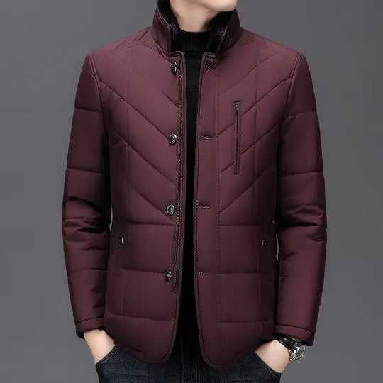 Men's solid colour winter coat with cotton padding and side pockets in dark blue