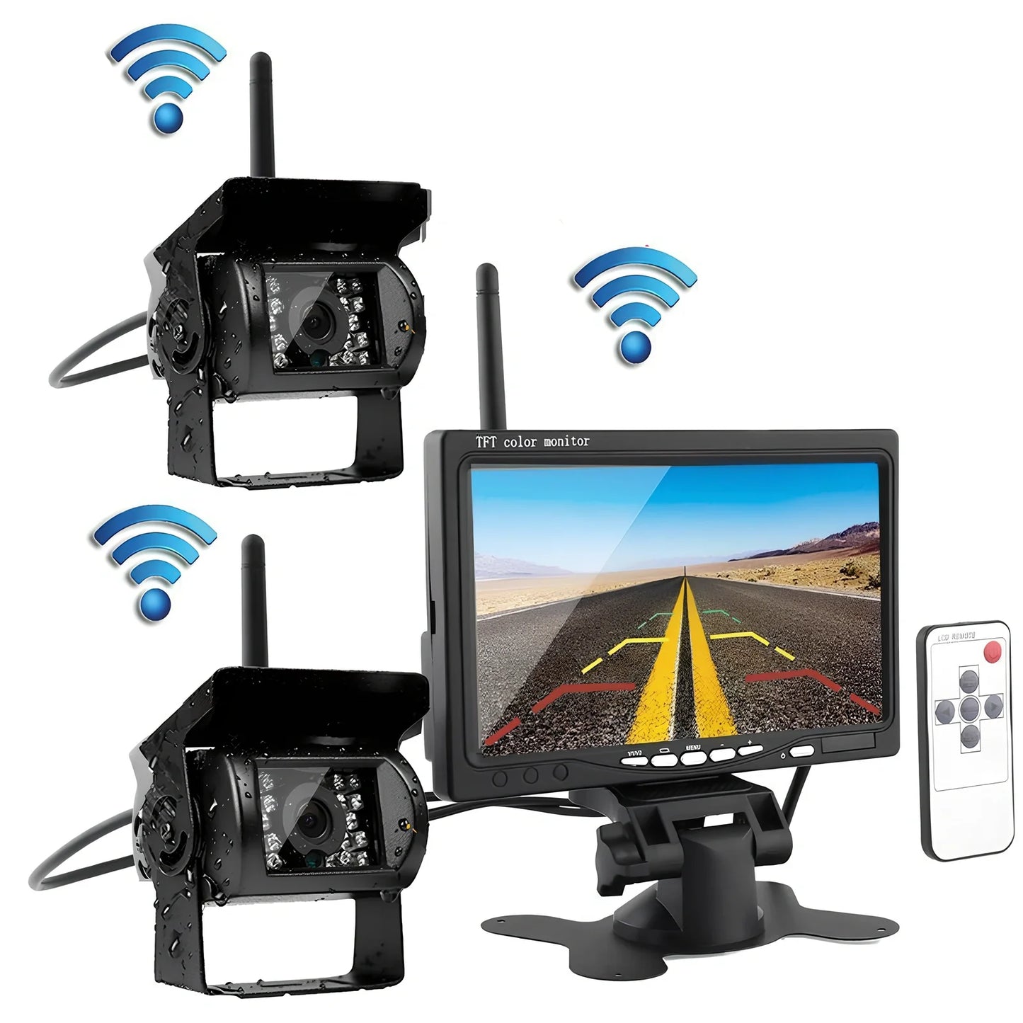 Black 7-inch wireless reversing camera display for forklifts, 175x115x20 mm, four-camera setup with 1024x600 resolution