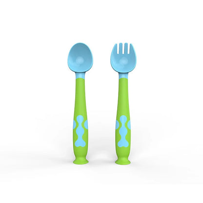 Training Twisting Spoon Fork Set for babies in blue, purple, pink, and yellow