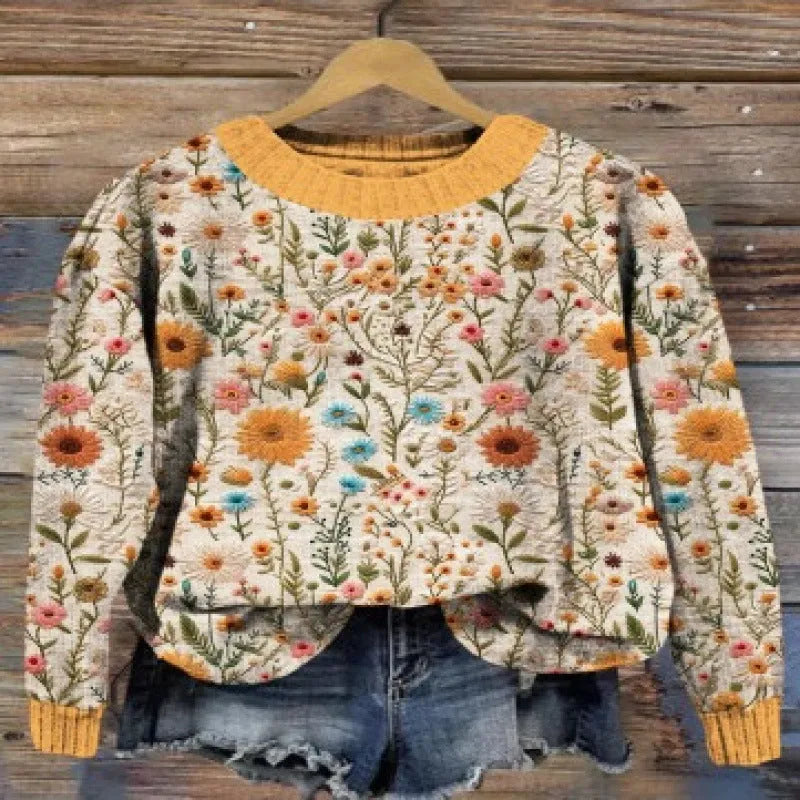 Little Flower digital printed floral pattern round neck sweater in polyester fibre