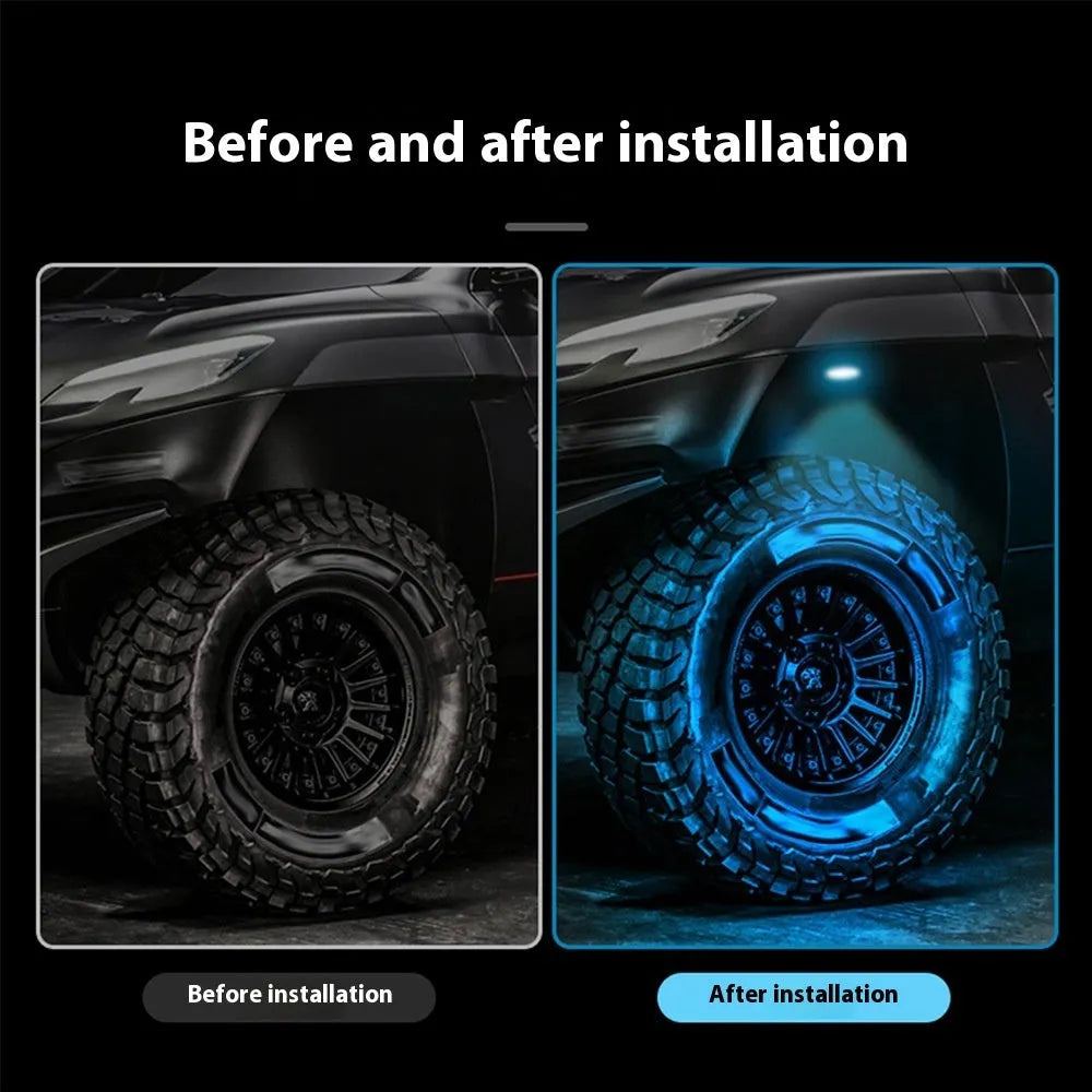 12V car LED chassis ambience light in ABS housing with five colour options on a dark vehicle underside