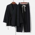 Cotton and linen cardigan hanfu two-piece suit in a shirt style, shown in one of five available colours.