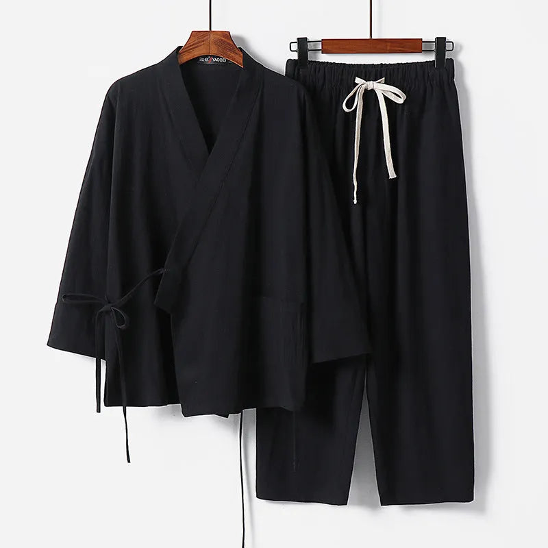 Cotton and linen cardigan hanfu two-piece suit in a shirt style, shown in one of five available colours.