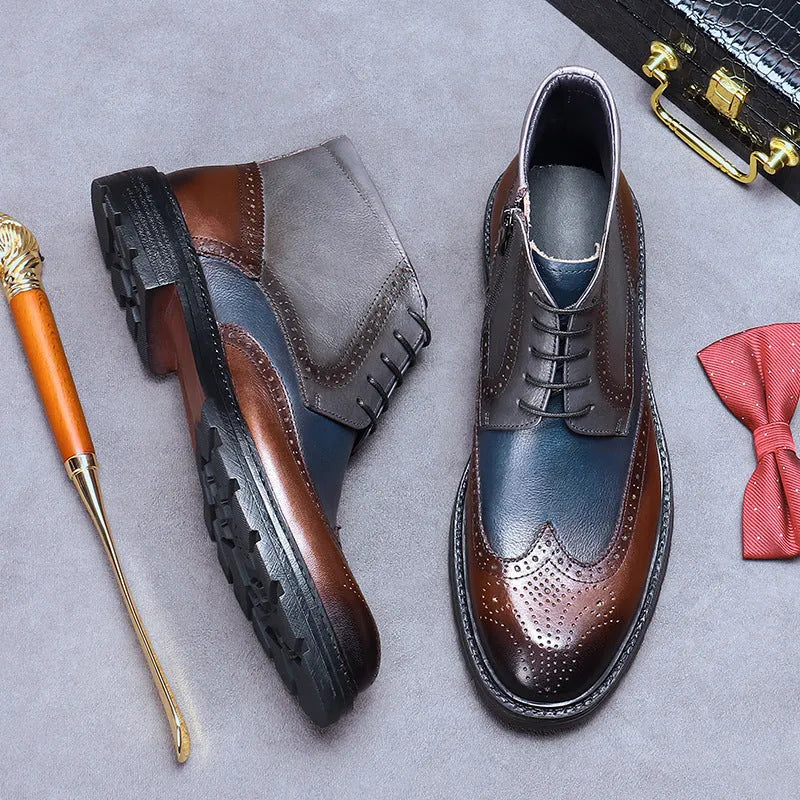 Men's curry blue leather brogue boots with decorative stitching and front lacing on a low square heel.