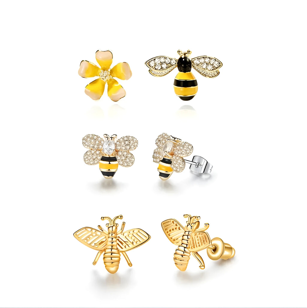 Three styles of Korean inlaid crystal rhinestone bee and flower stud earrings on a white background
