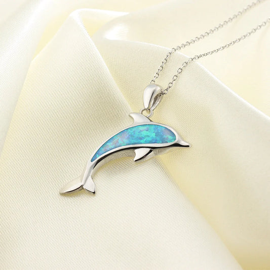 Ocean Dolphin Pendant Copper Necklace with opal detail on a copper chain