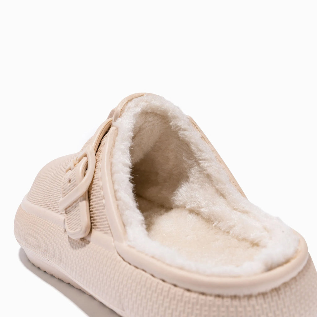 Beige indoor women's cotton slippers on floor, round head, EVA sole, half-pack heel