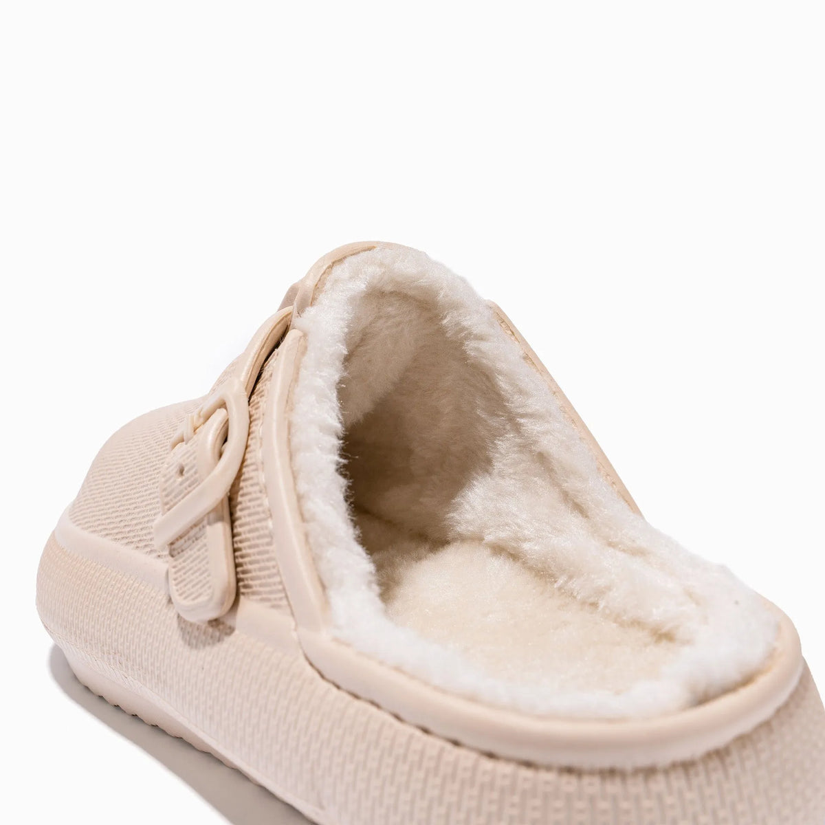 Beige indoor women's cotton slippers on floor, round head, EVA sole, half-pack heel